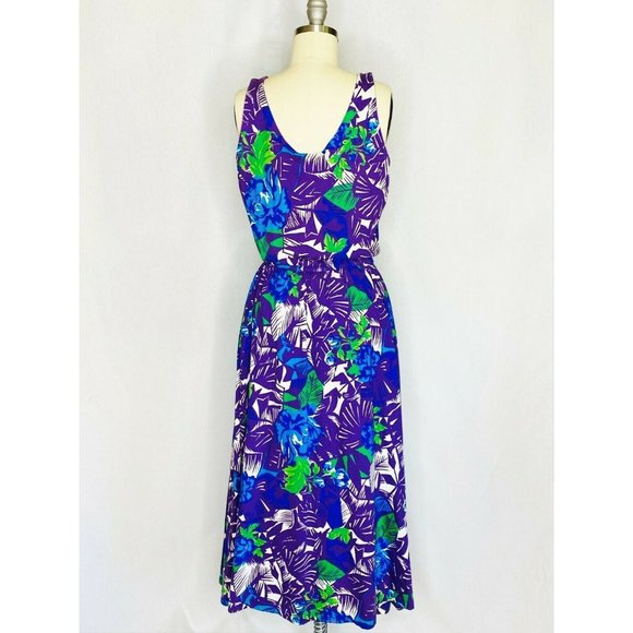 Vintage 80s 90s Purple Floral Day Dress Sz S Small Bright Tropical Button Front - Picture 6 of 8